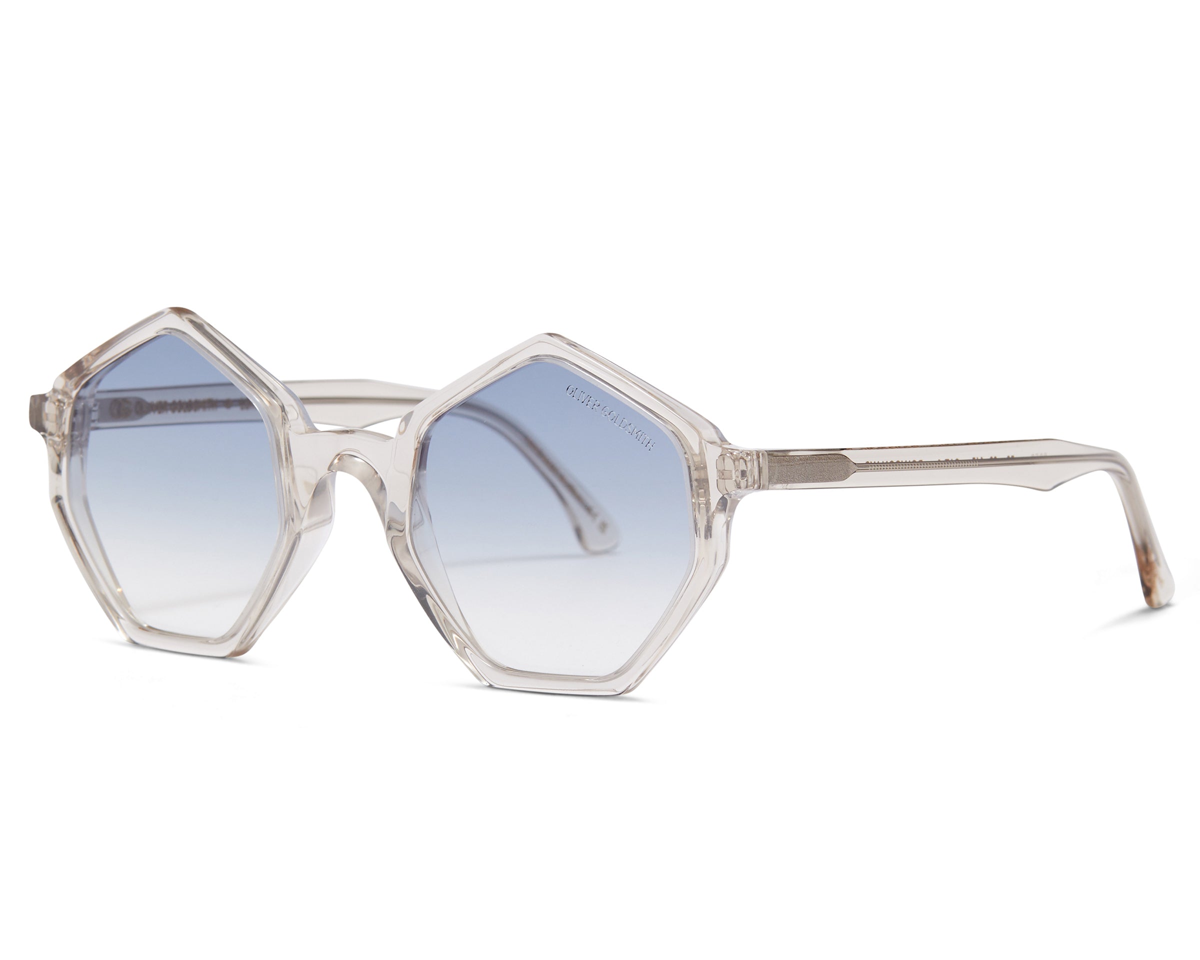 Side view of Transparent Framed Hexagon Sunglasses with light blue lens Tint