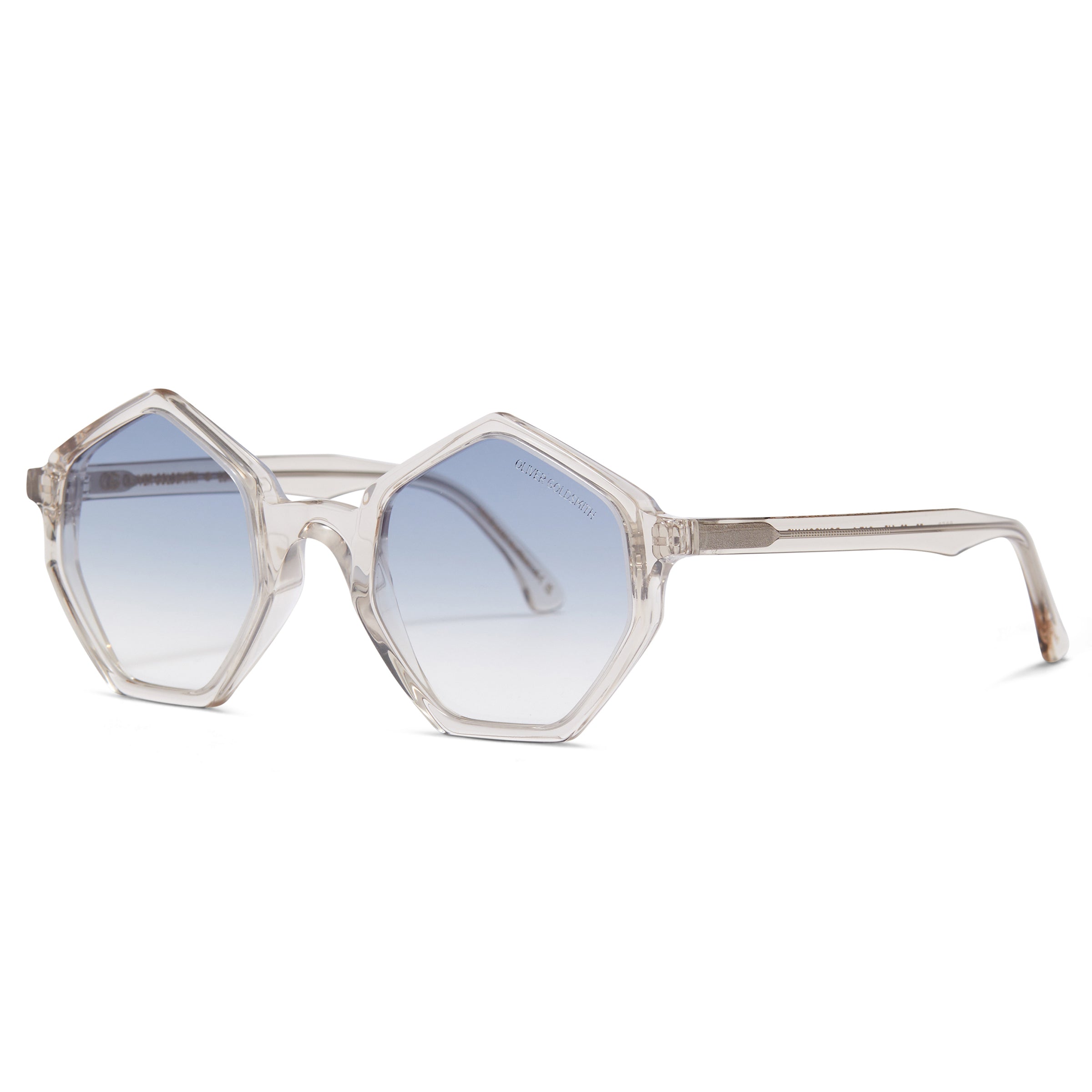 Side view of Transparent Framed Hexagon Sunglasses with light blue lens Tint