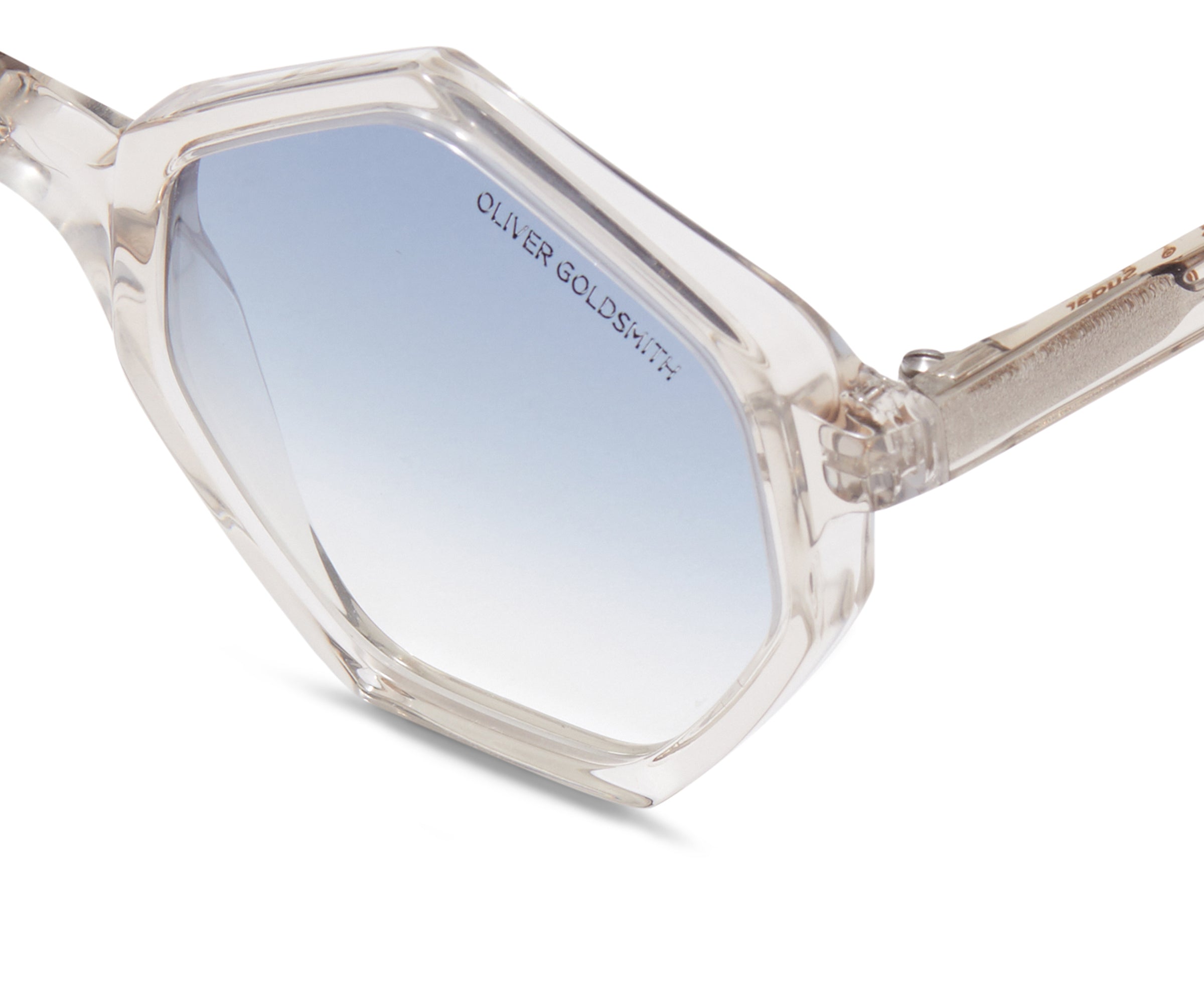 Close up view of Transparent Framed Hexagon Sunglasses with light blue lens Tint nopadding