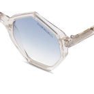 Close up view of Transparent Framed Hexagon Sunglasses with light blue lens Tint nopadding