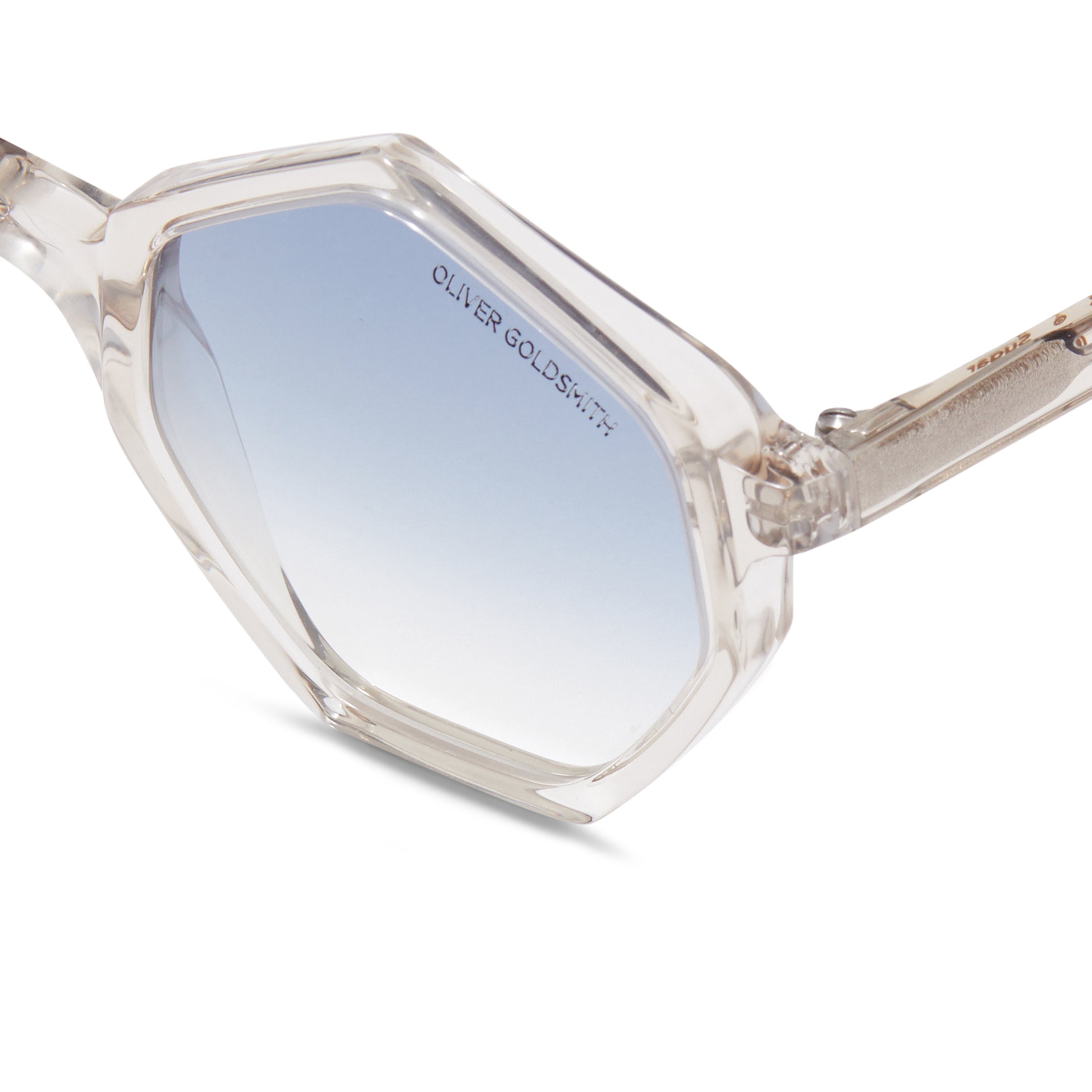 Close up view of Transparent Framed Hexagon Sunglasses with light blue lens Tint nopadding