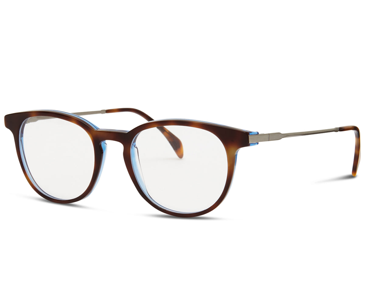 A pair of Avery glasses with a tortoise frame and blue lenses.