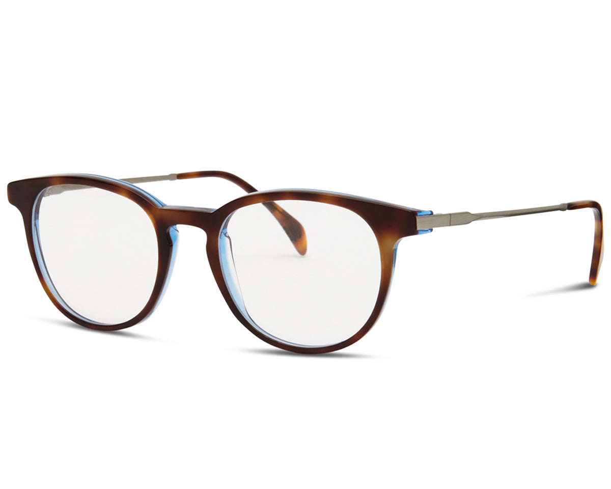 A pair of Avery glasses with a tortoise frame and blue lenses.