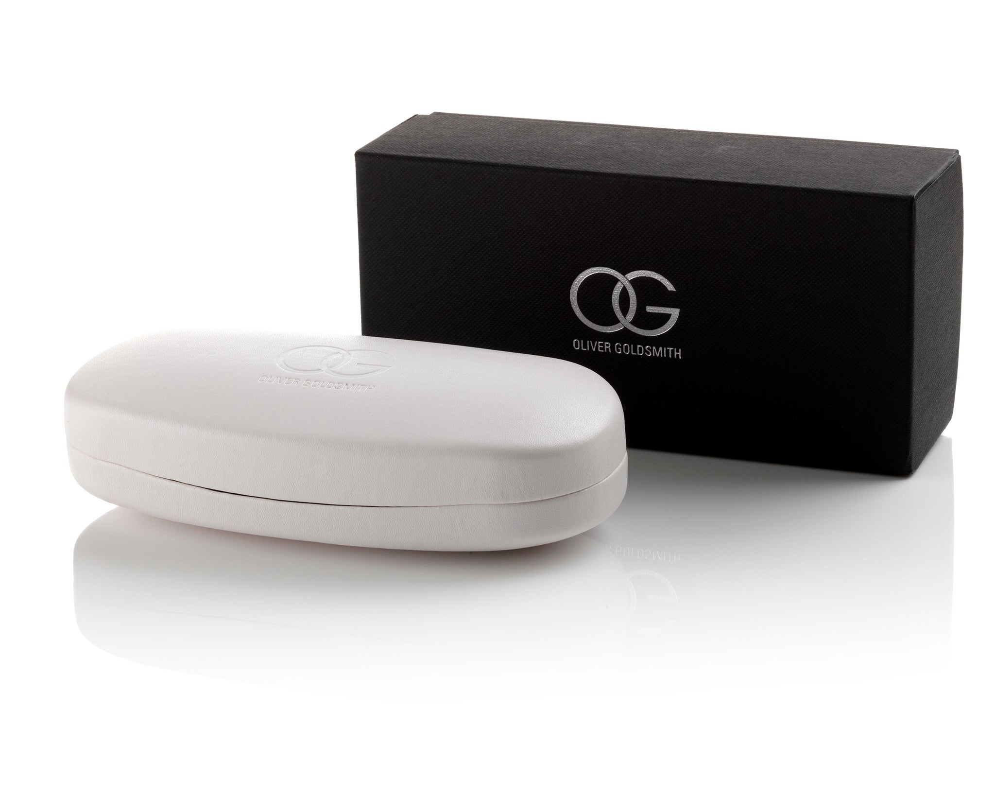 A pair of white sunglasses with an OG Hard Case.