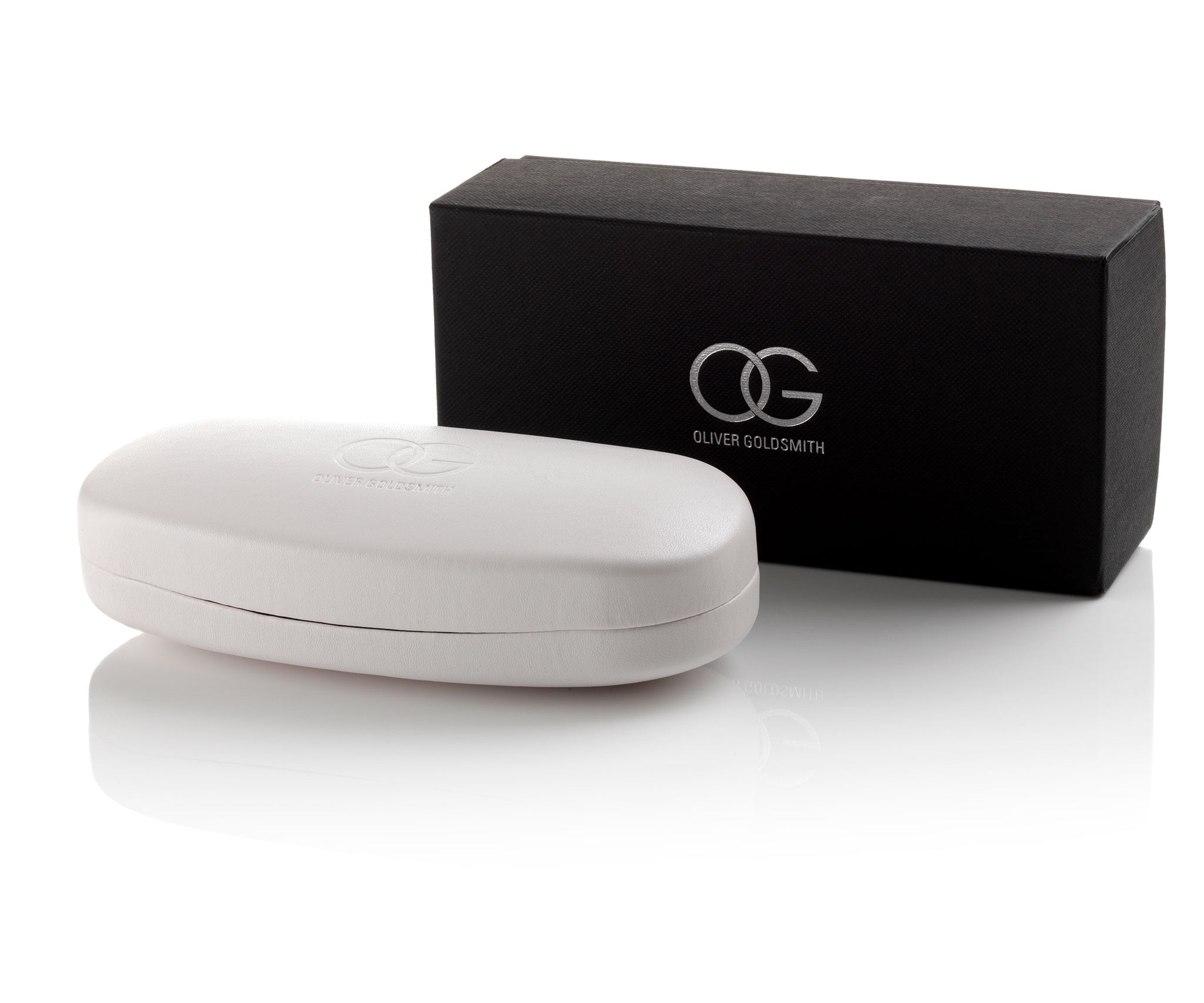 A pair of white sunglasses with an OG Hard Case.