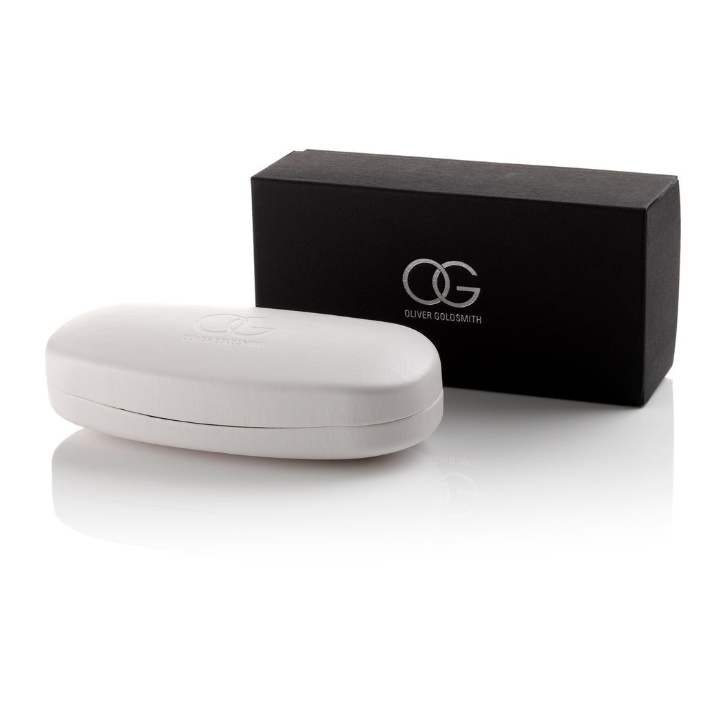 A pair of white sunglasses with an OG Hard Case.